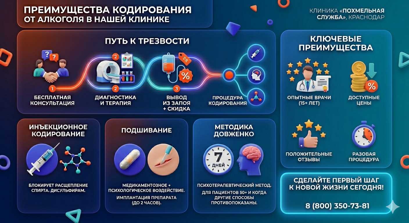 Инфографика о методах кодирования от алкоголя в Курске: инъекции, подшивание, метод Довженко. Преимущества клиники и этапы лечения.