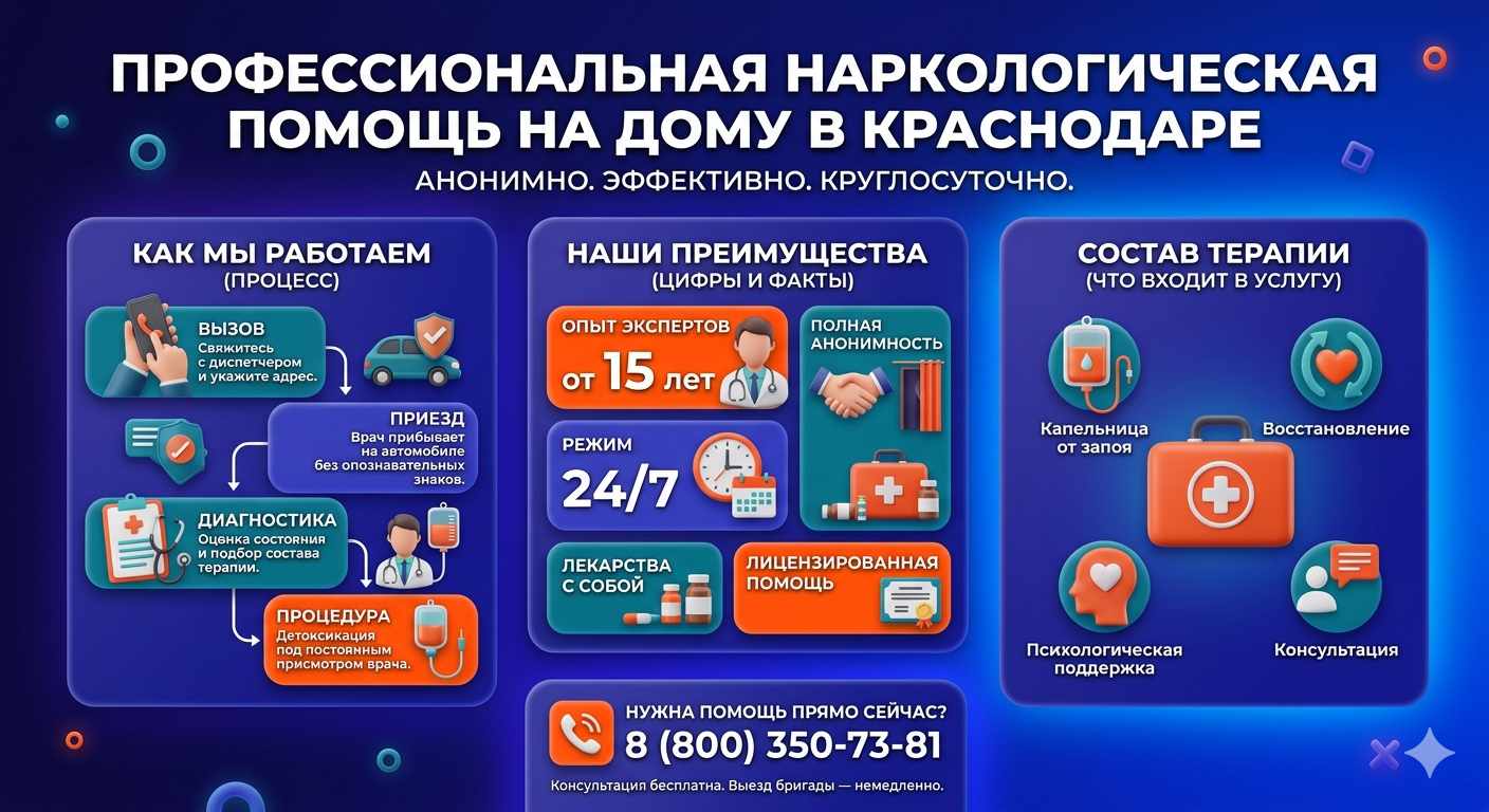 Инфографика о принципах лечения алкоголизма на дому в Курске: этапы вызова нарколога, преимущества анонимной детоксикации и состав медицинской помощи.